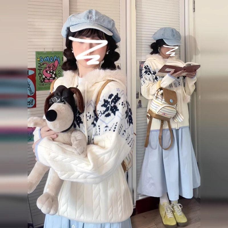 

Ленивый Фэнлан Белый Свитер-пальто с капюшоном Fair Isle Женский Осень-Зима 2025 Новое поступление Свободный вязаный кардиган Beige White XL