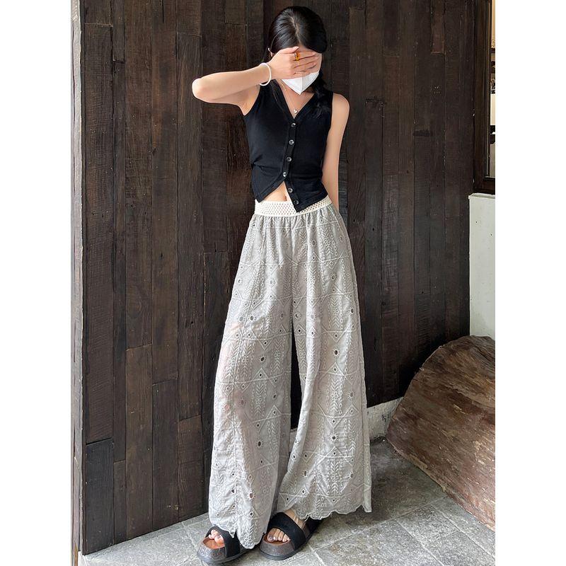 Korean Style Lady's Small New Heavy-Duty Embroidery Stitched Pattern Hollow Lace Straight Pocket Anti-Wrinkle Wide-Leg Cropped Pants