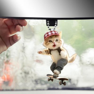 Adorable Cat Hanging Ornament Car Rearview Mirror Pendant with Lanyard Easy To Hang Animal Cat-Shaped Xmas Tree Pendant