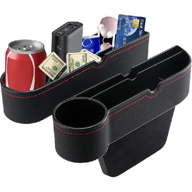 2026 Upgraded 2 PC (L+R) Premium PU Leather Car Seat Gap Filler Organizer With Cup Holder & Storage Slot/Bag– Fits Front Seat, Holds Phone,