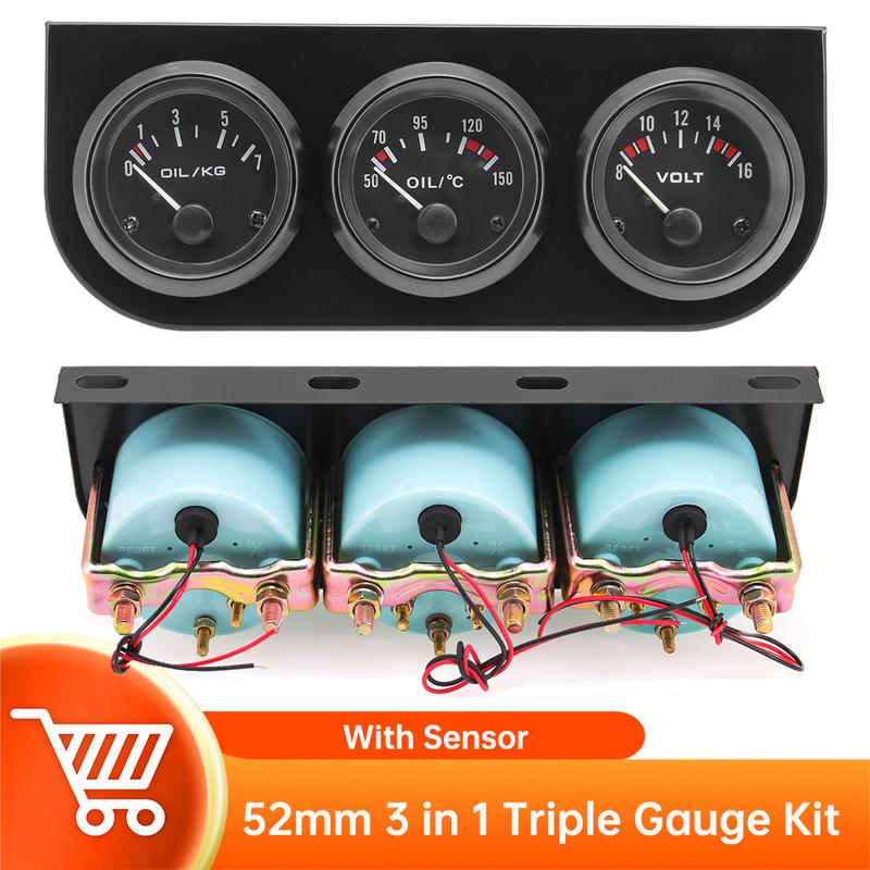 52mm 3 in 1 Triple Gauge Kit oil Temp Gauge 50-150℃ Oil Pressure Gauge 0-7 OIL/KG Voltmeter 8-16V With Temp&Pressure Sensor