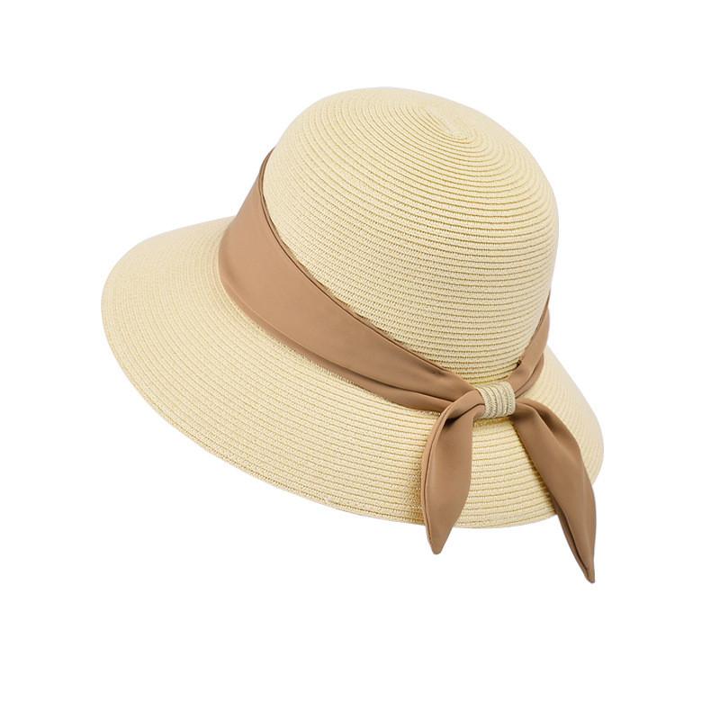 Paper Straw Wide Brim Sun Hat With French Silk Ribbon For Beach And Casual Summer Wear