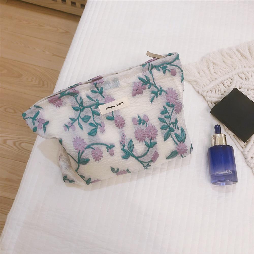 

206 Chamomile Pattern Cosmetic Organizer Travel Bag Large Canvas Toiletries Women Teen Girls Makeup Storage Pouch Purple