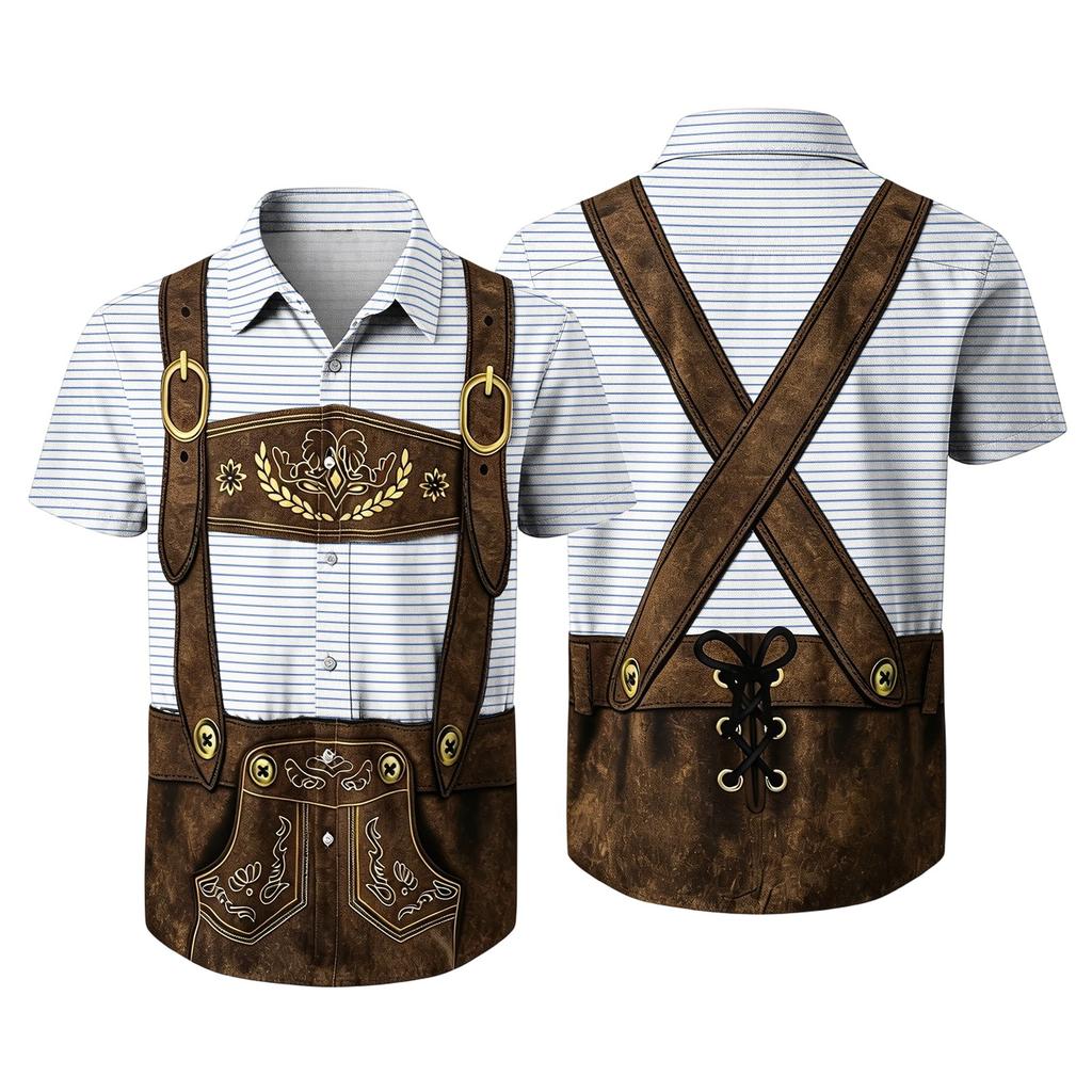 Men's Short Sleeve Button Up Shirt Oktoberfest Style Beer Festival Print Casual Loose Fit Party Shirt with Vintage Inspired Design