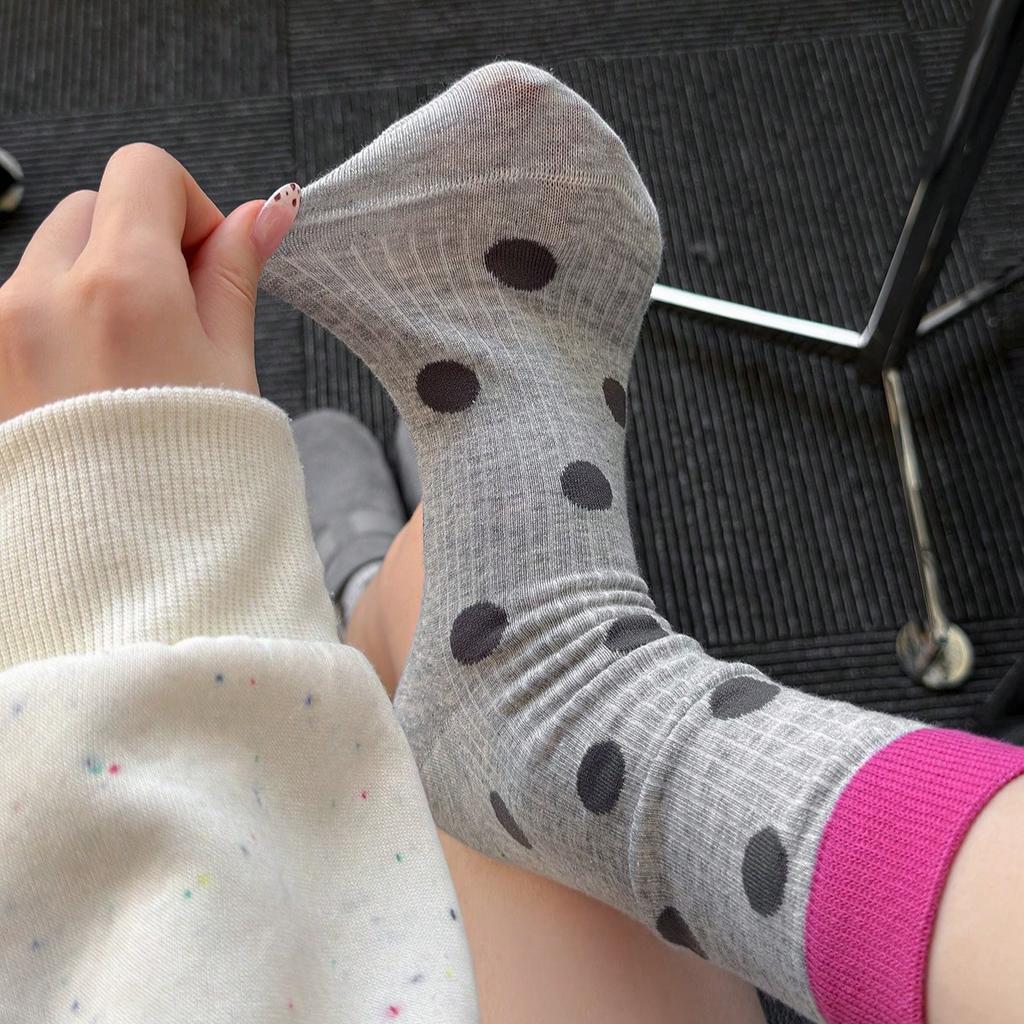 6 Pairs of Women'S Socks with Contrasting Colors, Polka Dots, in Candy Colors, Cute And Stylish, Mid-Calf Length, Korean Style
