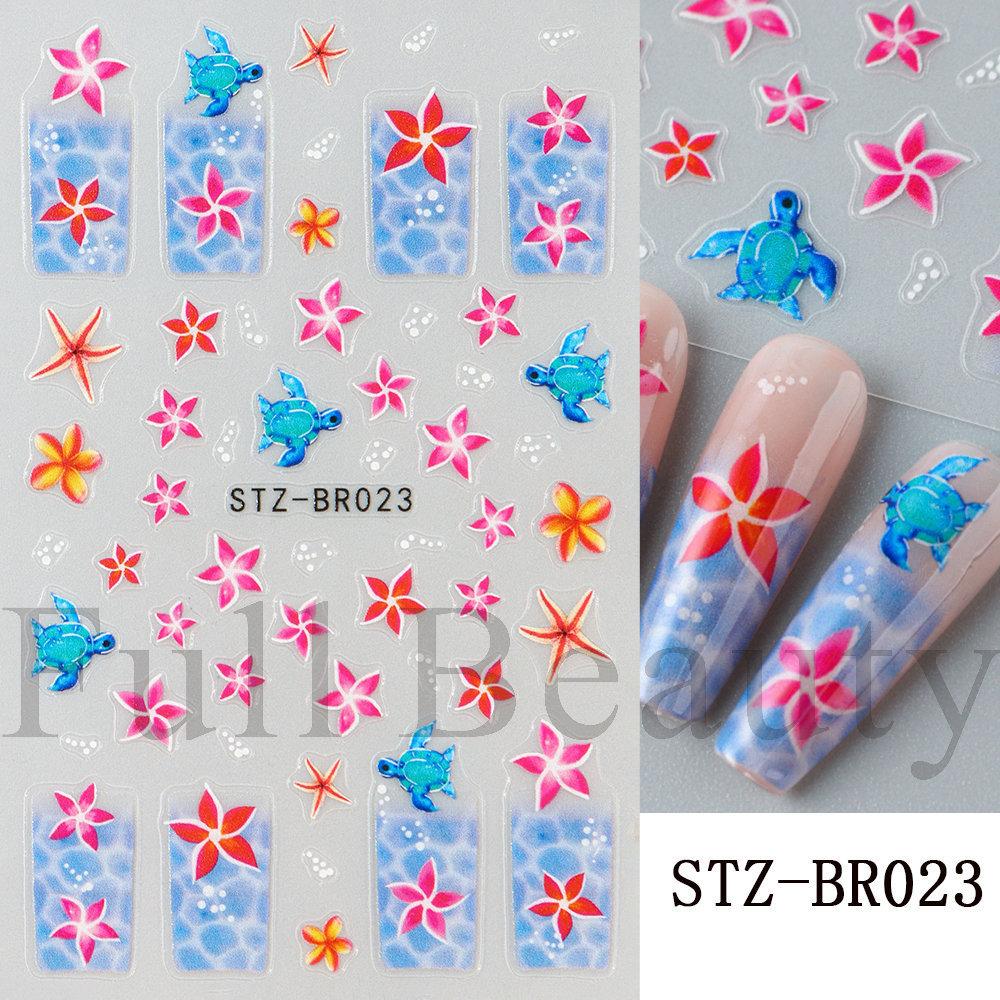 Nail Art Stickers, French Summer Ocean Flowers, Turtles, Starfish Stickers, Adhesive Nail Art Stickers