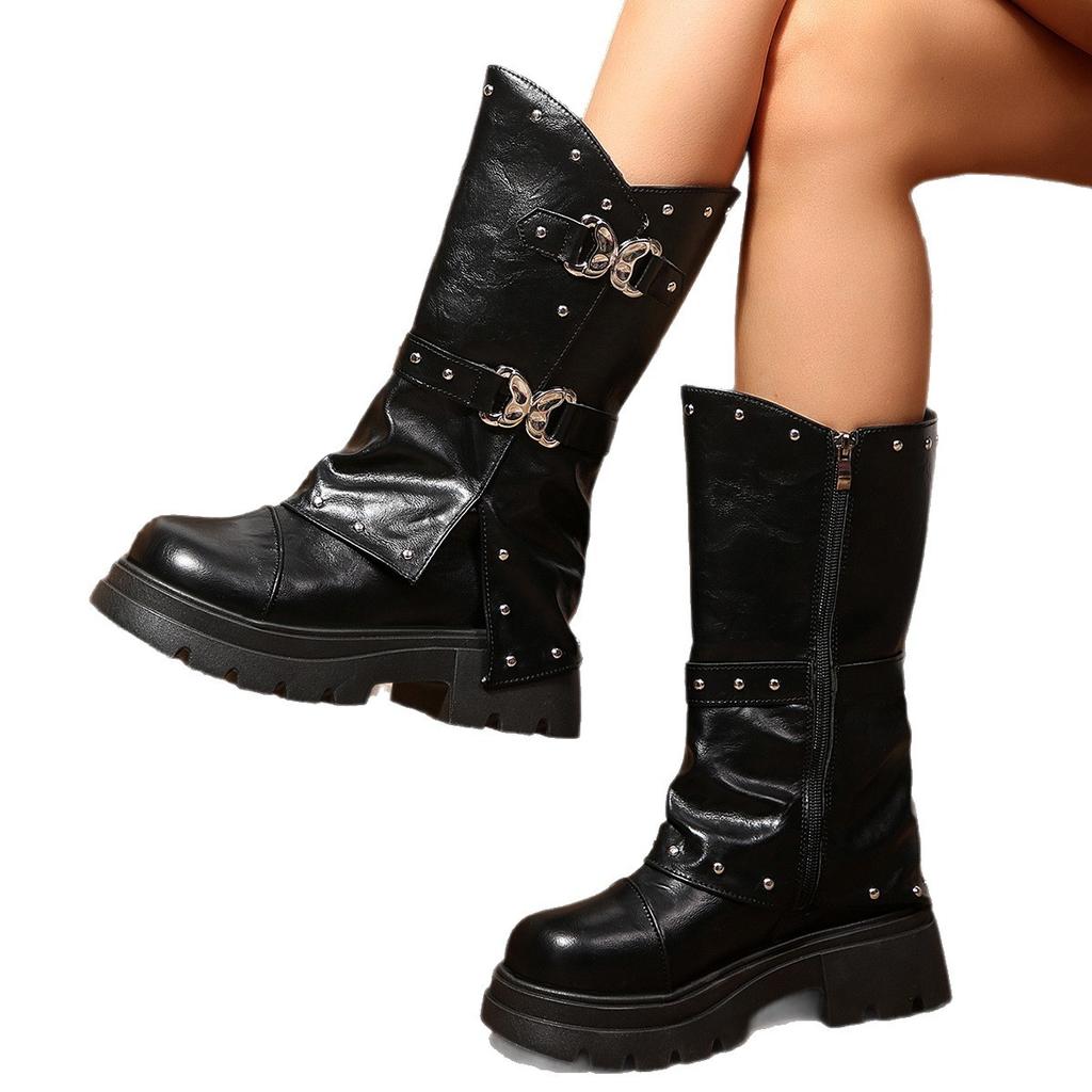 Women's Oversized Thick Sole Midsole Leather Boots with Rivets Bow Ties Knight Style Casual Comfortable Footwear
