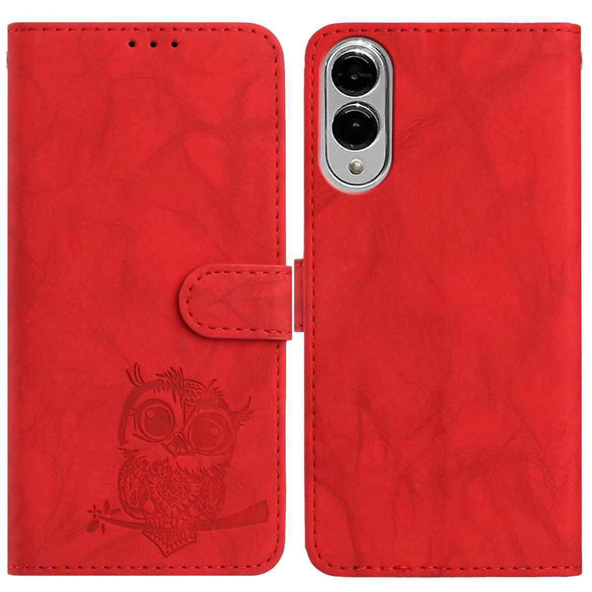 

For Samsung Galaxy S25 Edge Case Owl Imprinted PU Leather Wallet Phone Cover with Wrist Strap Red