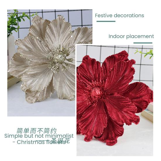 Artificial Christmas Flowers Large Glitter Magnolia Decoration Sparkling Xmas Tree Ornaments Wreath Garland Home Party Decor DIY Crafts