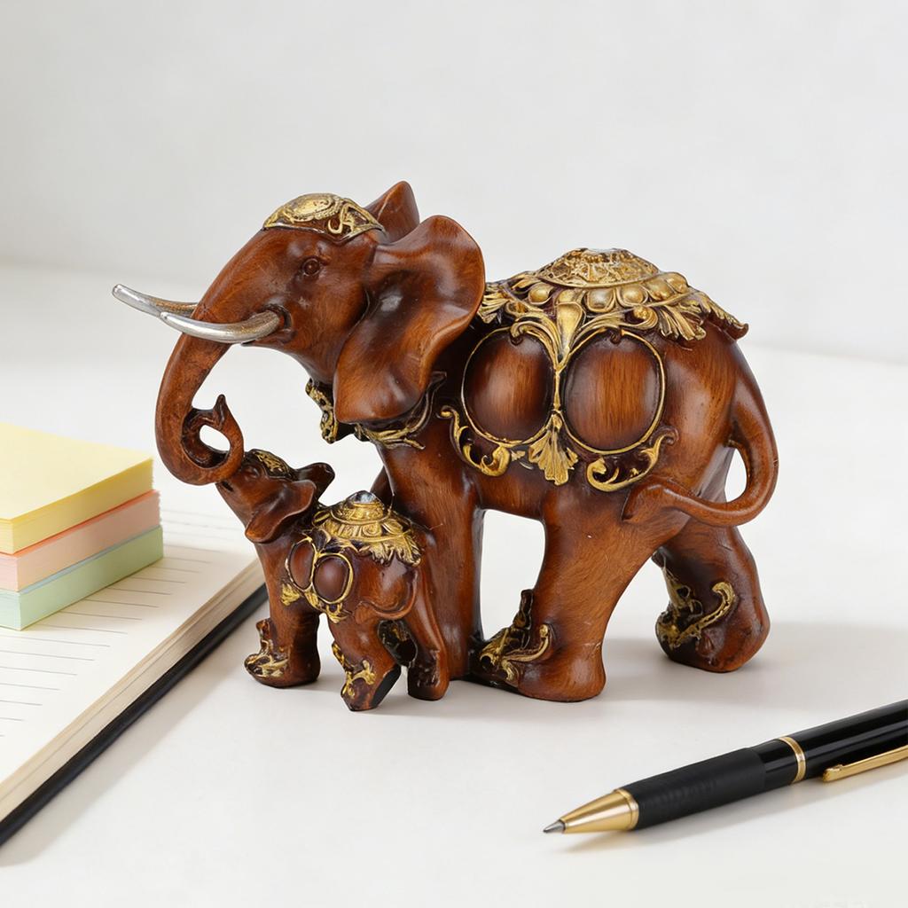 Mother and Baby Elephant Statue Resin Animal Sculpture for Family   Desk Decoration Imitation Wood Grain