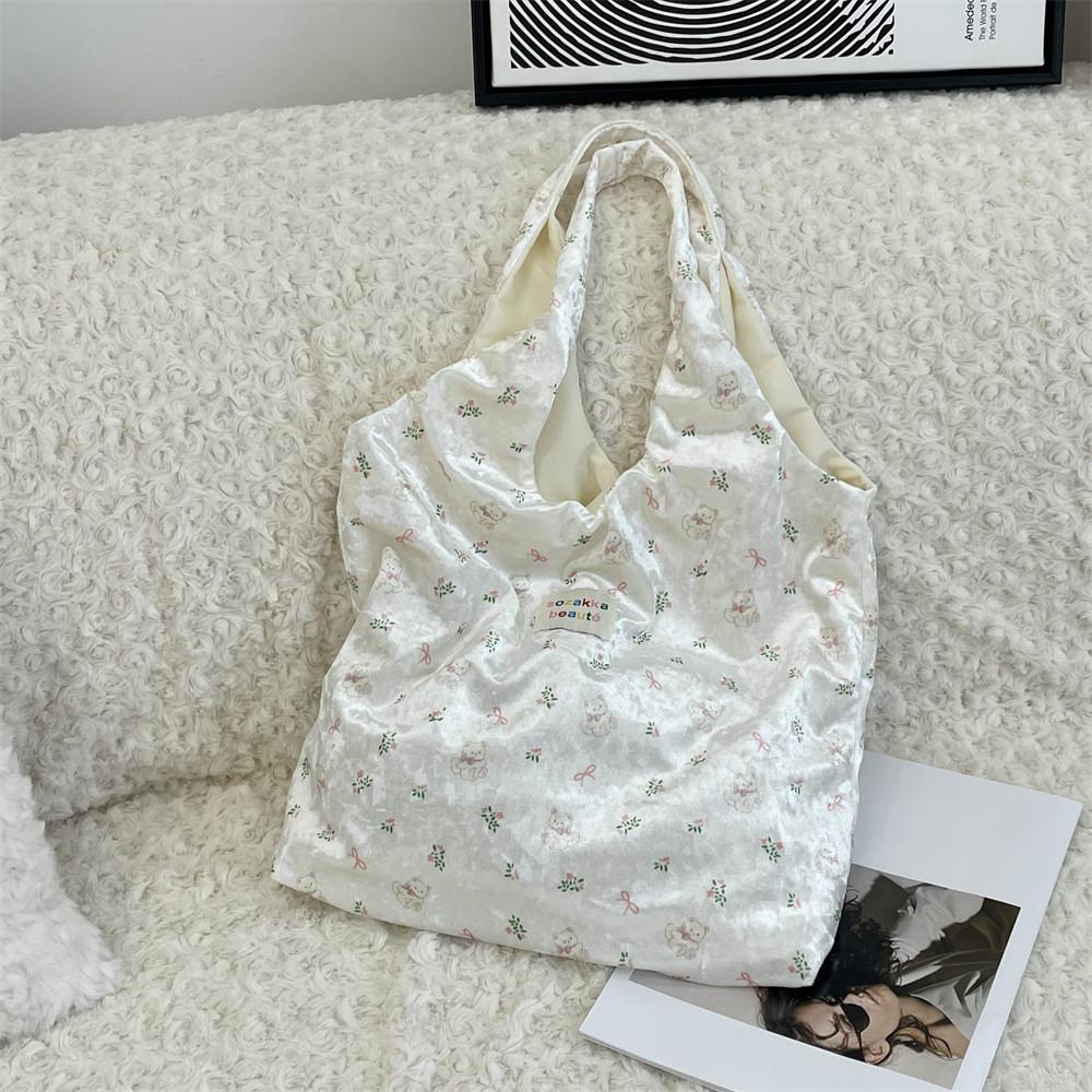 

Pearl Fashionable Finish Bear Motif Silk Shoulder Bag With Spacious Design For Outings Daily OffWhite