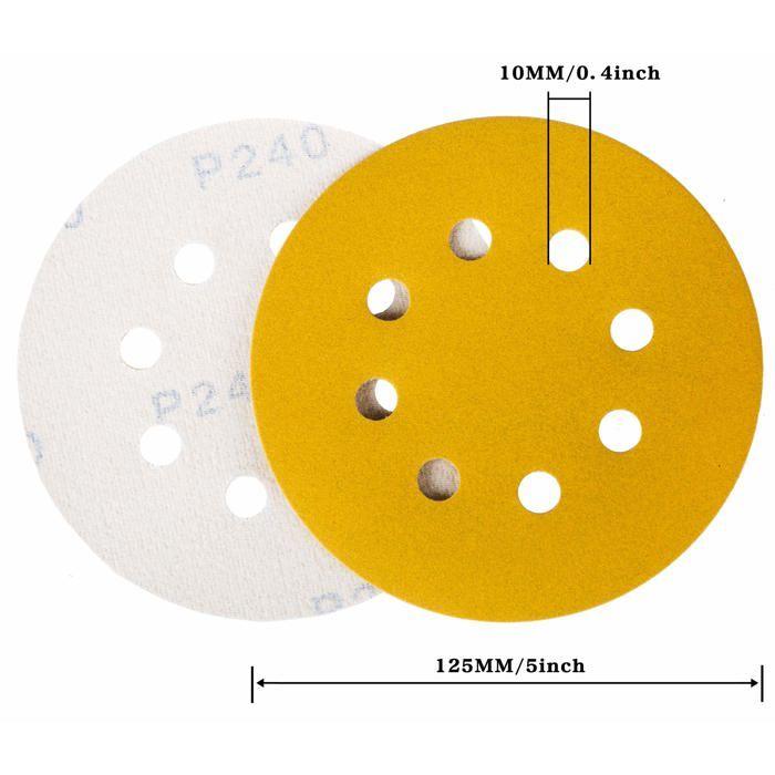 Disques de Ponçage Papier Abrasifs 125mm, 100 Disques Abrasifs de Ponçage Ponceuse tampons ponçage ronds 8 trous Grain 80