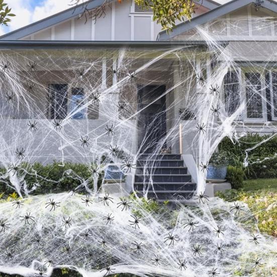 Halloween Decoration White Spider Web Stretchable Cotton Cobweb Decor with 100 Plastic Spiders Safe Indoor Halloween Props