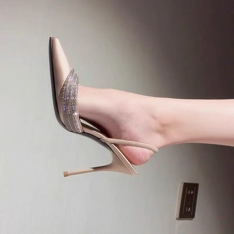 2025 New Pointed Champagne High Heels Thin Heel Bag Head Sexy Light Mouth Rhinestone Silk