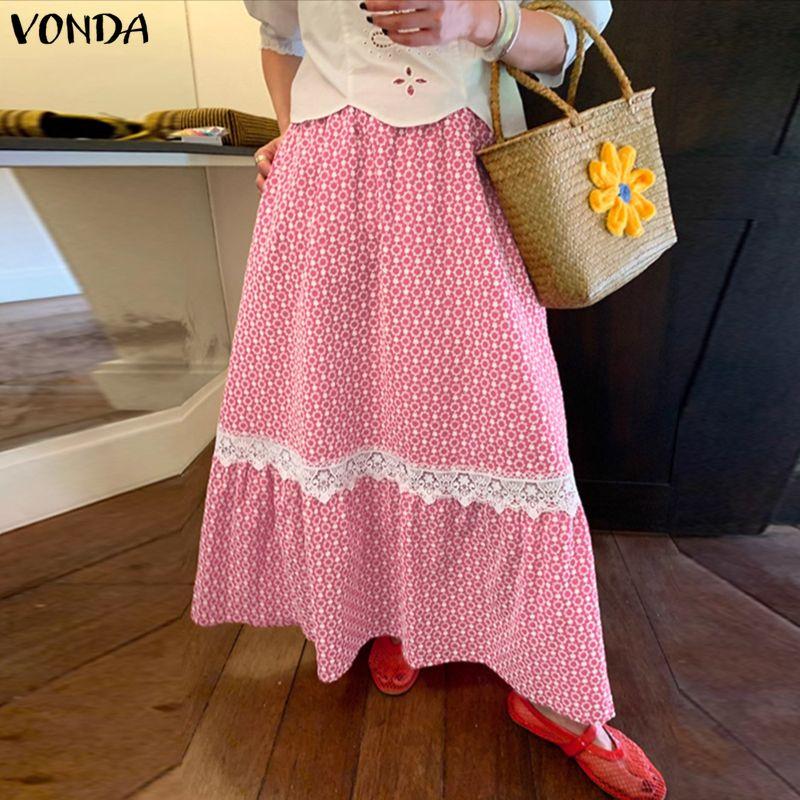 VONDA Women Elastic Waist Front Lace Hem Floral Print Casual A-Line Pleated Swing Skirts