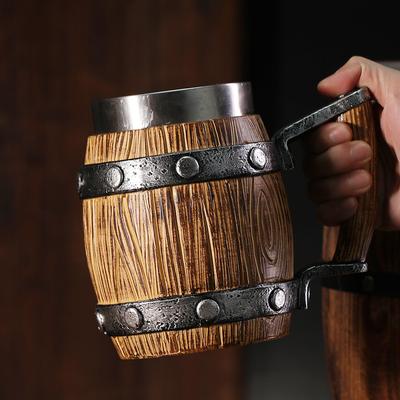 1pc Wooden-Barrel Beer Mug–21oz Viking Cool Coffee Mug Stainless Steel Tankard Cup Viking Gift for Men Viking Norse Decor