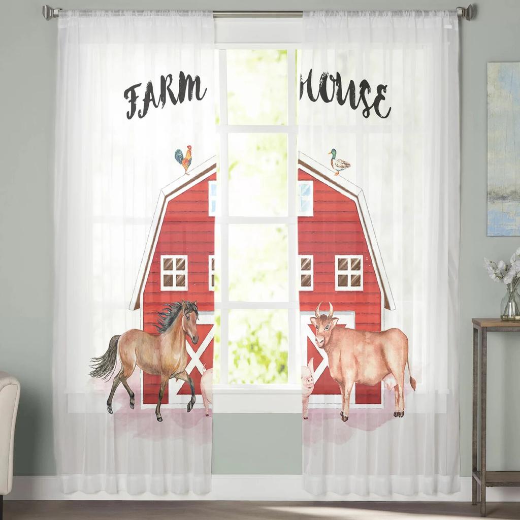 Watercolor Farm Animal Tulle Curtains Sheer Printed Drapes for Living Room Bedroom Balcony Hall Home Decor