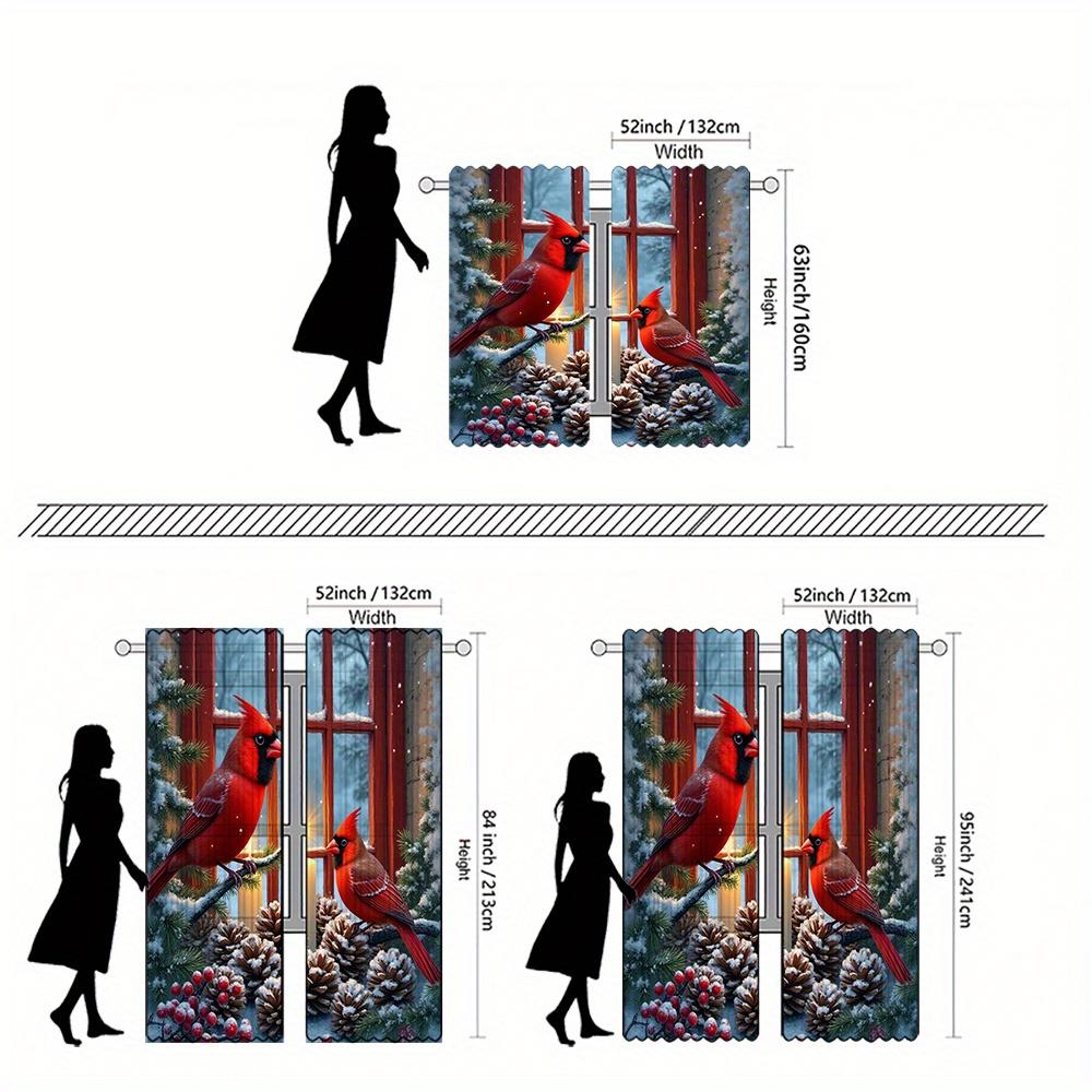 Light Filtering Winter Cardinal Curtains Pine Cone Candlelight Snow Scene Semi Opaque Polyester Living Room Bedroom Curtain Set Of 2 Made Washable