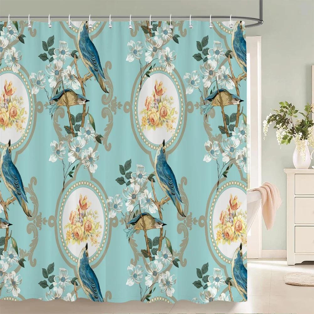 Tenda Doccia Motivo Fiori e Uccelli 3D Paravento Bagno Tessuto Impermeabile Decorazione Bagno 240X180cm Con Ganci Tende Doccia