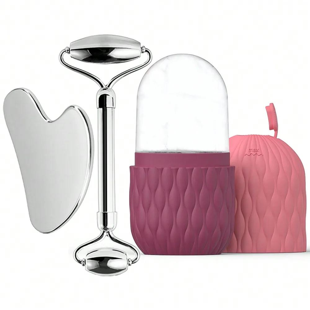 Ice Face Roller & Stainless Steel Gua Sha Tool Set, Facial Massager Ice Roller Skin Care Tool Beauty Set Lifting Contouring Tool