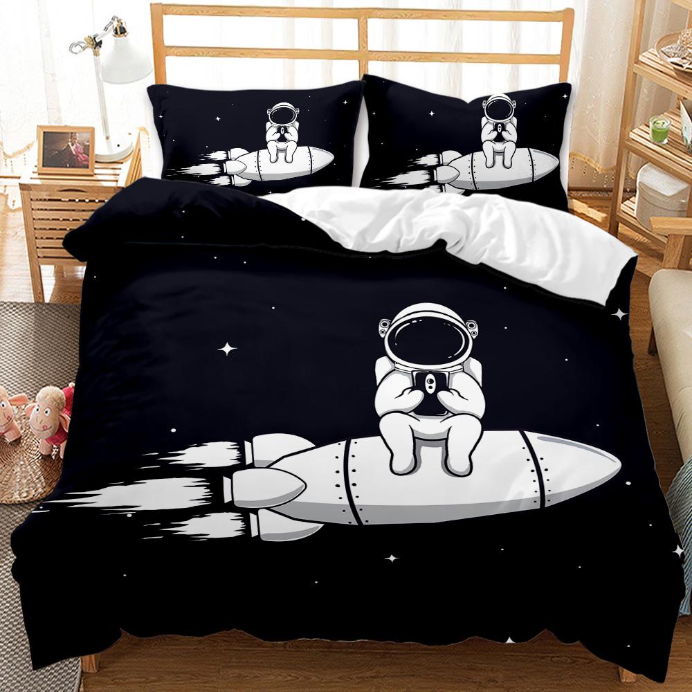 Child Cartoon Astronaut Duvet Cover Bedding Set King Size Boys Kids Galaxy Stars Out Space Soft Polyester Comforter Cover Black