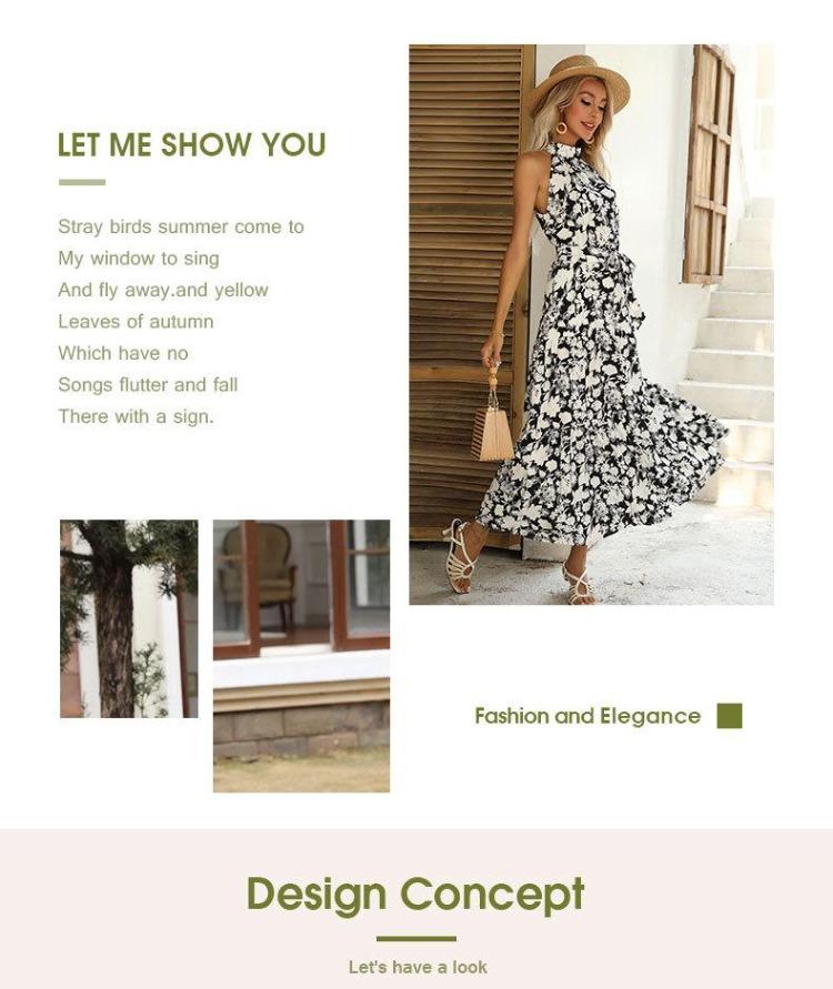 Halter Neck Sleeveless French Style Slit Print Dress Summer Hot Seller