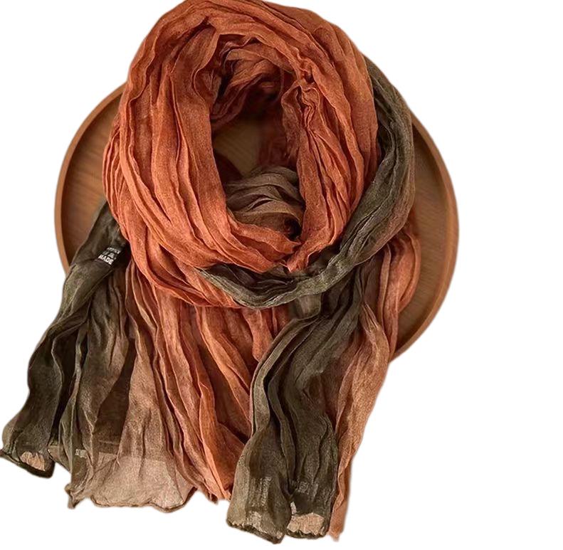 Gradient Blue Cotton-Linen Scarf: Retro Versatile Print, Long Pleated Women's Accessory for Autumn/Winter