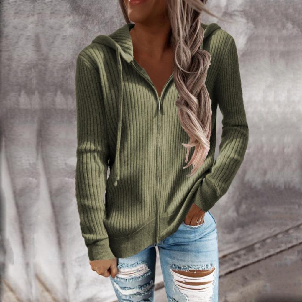 2025 Autumn Winter New Striped Casual Loose Fit Knitwear Zip Up Cardigan Long Sleeve Hooded Sweater for Women