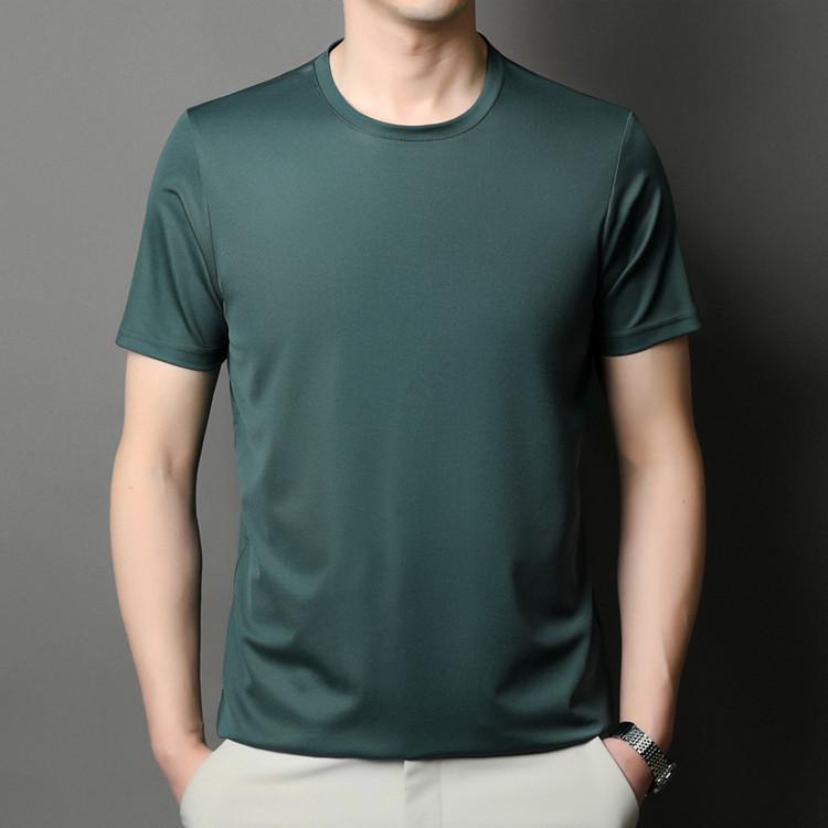 Brand 2025 Men's High-End Ice Silk Crew Neck Short Sleeve T-Shirt - Solid Color, Advanced Texture, New Summer Edition