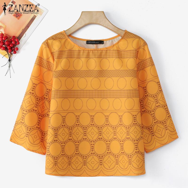 ZANZEA Women Casual Round Neck Summer 3/4 Sleeve Print Blouse