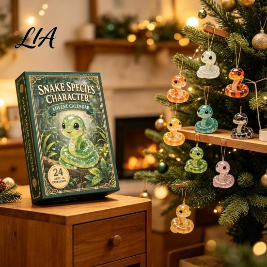 Calendrier de l'Avent Compte à Rebours pour Noël Dessin Animé Serpent, 24 Jours Acrylique 2D Plat Boîte Festive Figurines, Objets de Collection pour Décorations de Maison et de Voiture