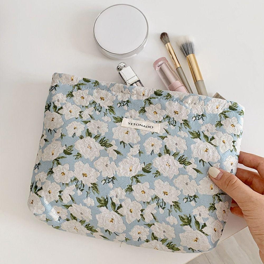 Polyester Canvas Flower Clutch Bag Large Capacity Flower Pattern Makeup Bag Zipper Closure Portable Travel Toiletry Bag