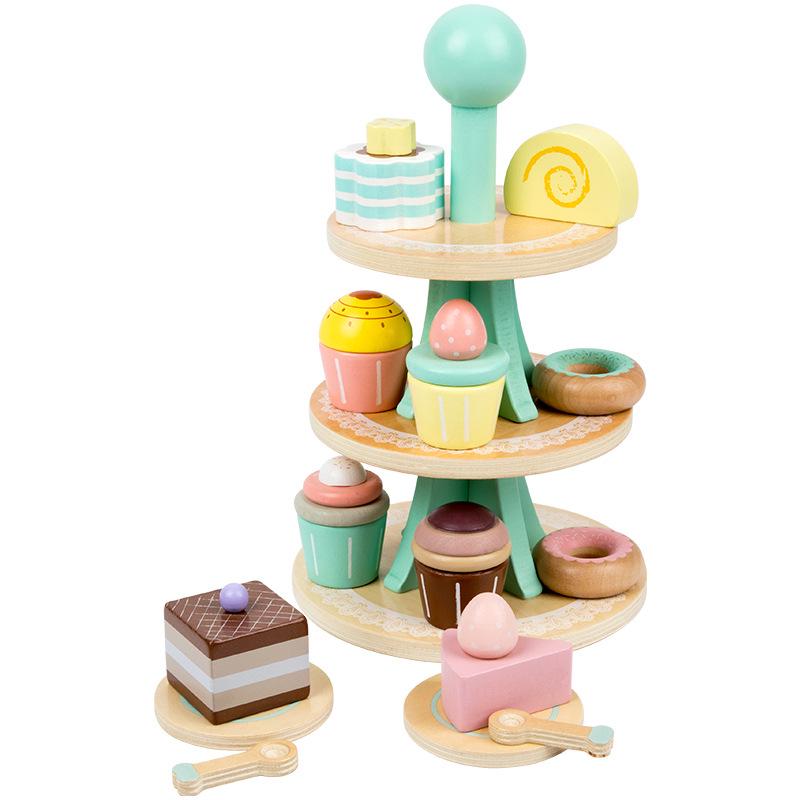 Children s Wooden Pretend Play Dessert Stand - Three-Tier Cake Tower Simulation Kitchen Toy.