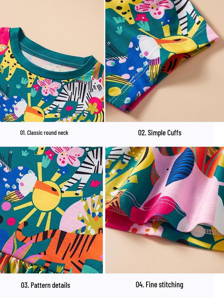 Summer 2025 European & American Style Girls' Princess Cartoon Tropical Short-Sleeve Dress