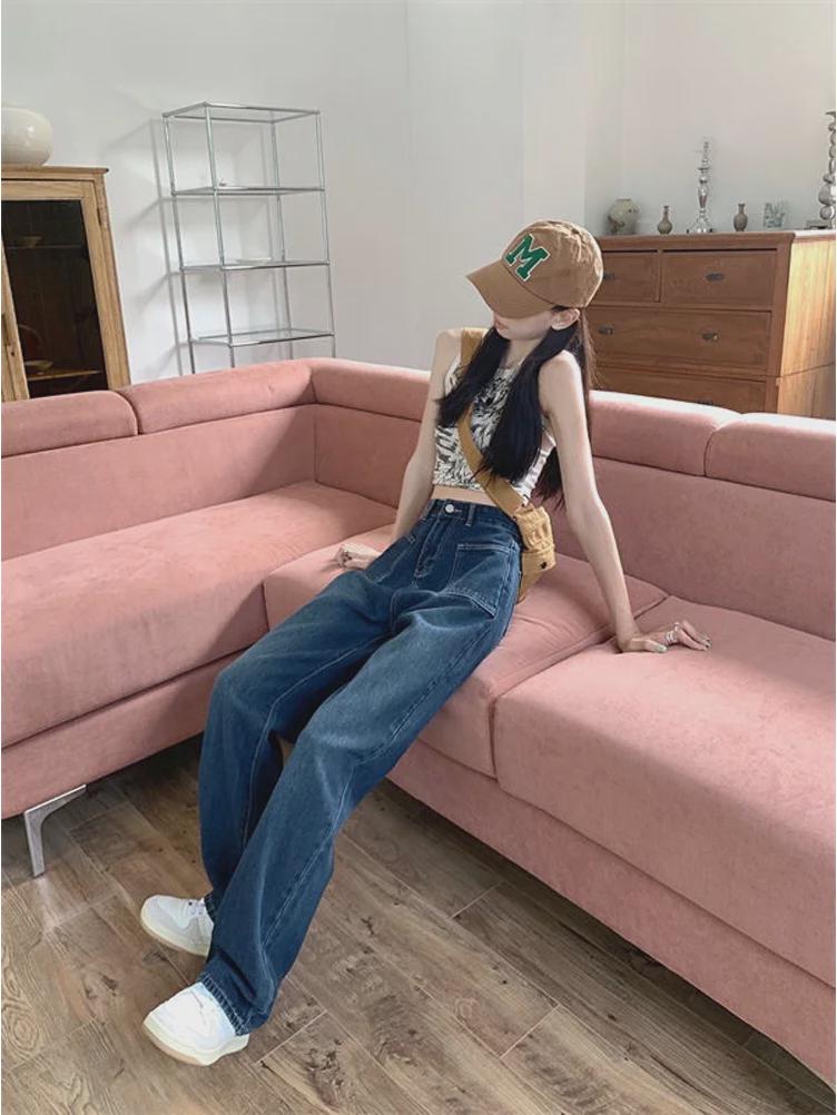 Women's High Waist Wide-Leg Jeans with Large Pockets - Korean Style, Plus Size, Straight Fit