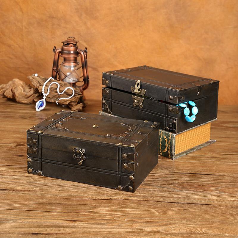 Vintage Chinese Style Wooden Square Storage Box With Lock For Desk Organizer