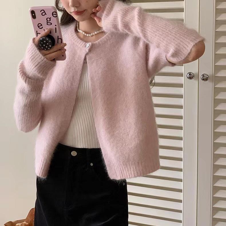 

Круглый вырез Мягкий липкий рукав-пузырь свитер кардиган женский осень нежный ветер темперамент вязаный топ прилив удобный универсальный и модный One size розовый