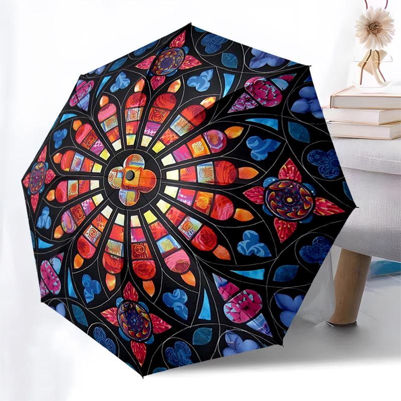 

1pc Vibrant Mandala Stained Glass Auto-Folding Umbrella - Portable 3-Fold Design with 8-Bone Iron Frame, Perfect for Festivals, Travel, Daily Use, and