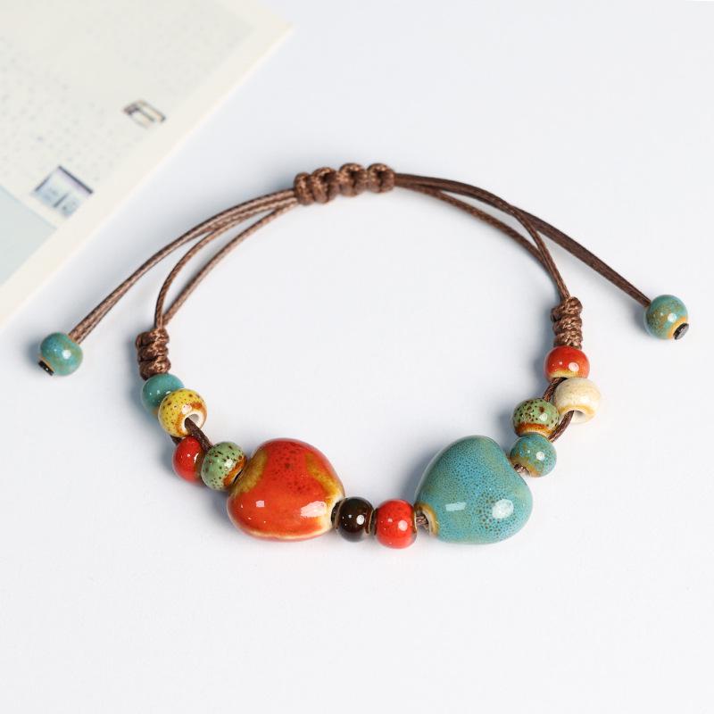 Jingdezhen Porcelain Beaded Bracelet: Floral Glaze Heart Charm for Women, Couples & Friends