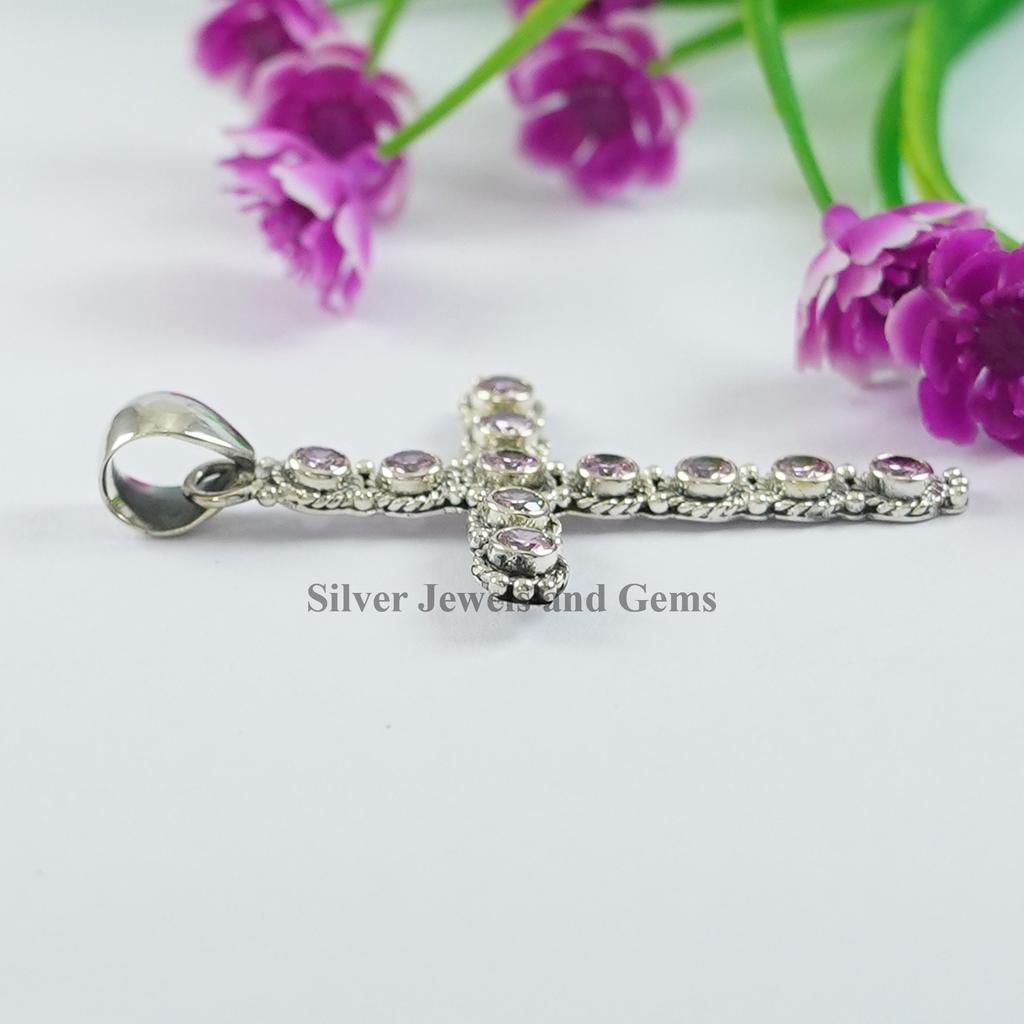 Pink Cubic Zirconia Cross Pendant, Gift for Girls, Round Multi Stone Pendant, 925 Sterling Silver Pendant, Pink CZ Handmade Pendant