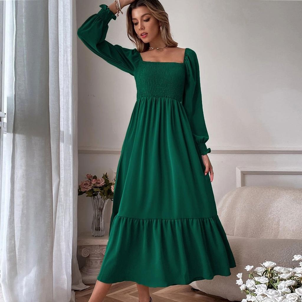 Lässiges, einfarbiges, enges Pulloverkleid für Damen mit U-Ausschnitt, langen Ärmeln, Rüschen und hoher Taille