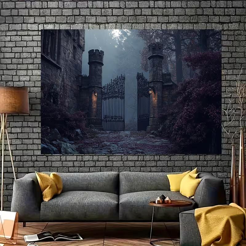 2D Gothic Mansion Iron Gate Backdrop Misty Forest Castle Entrance Party Decor