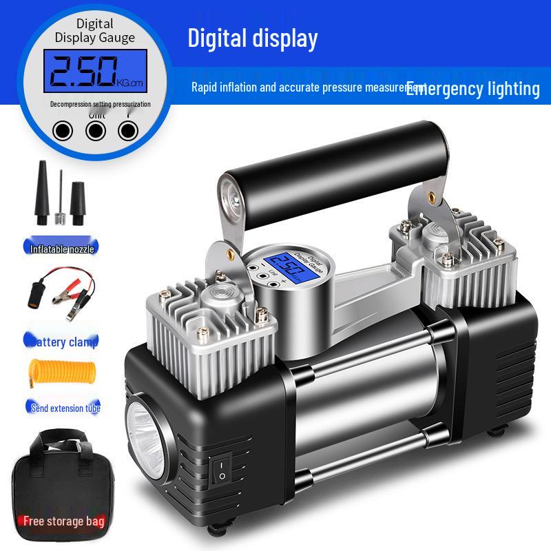 Dual Cylinder Car Air Pump, 150W - High Pressure, Multi-Function, Auto Fill & Stop for Sedan Tires.