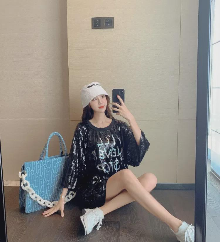 European Fashion Plus Size Women's Sequin T-Shirt Dress - Early Spring Shiny Trend