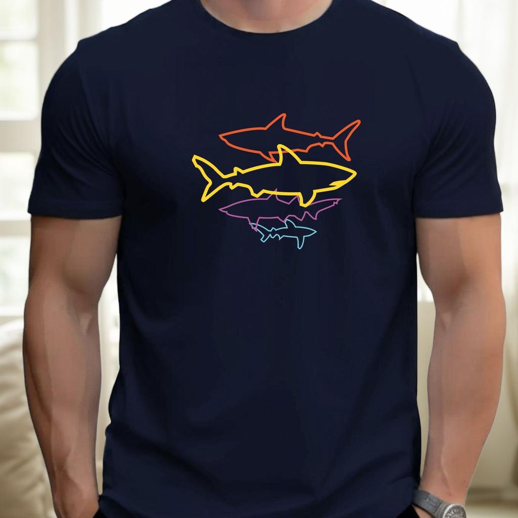 Men Neon Shark Graphic Summer TShirt Vibrant Yellow Casual Short Sleeve Tee with Round Neck Regular Fit for Beach Men Clothing