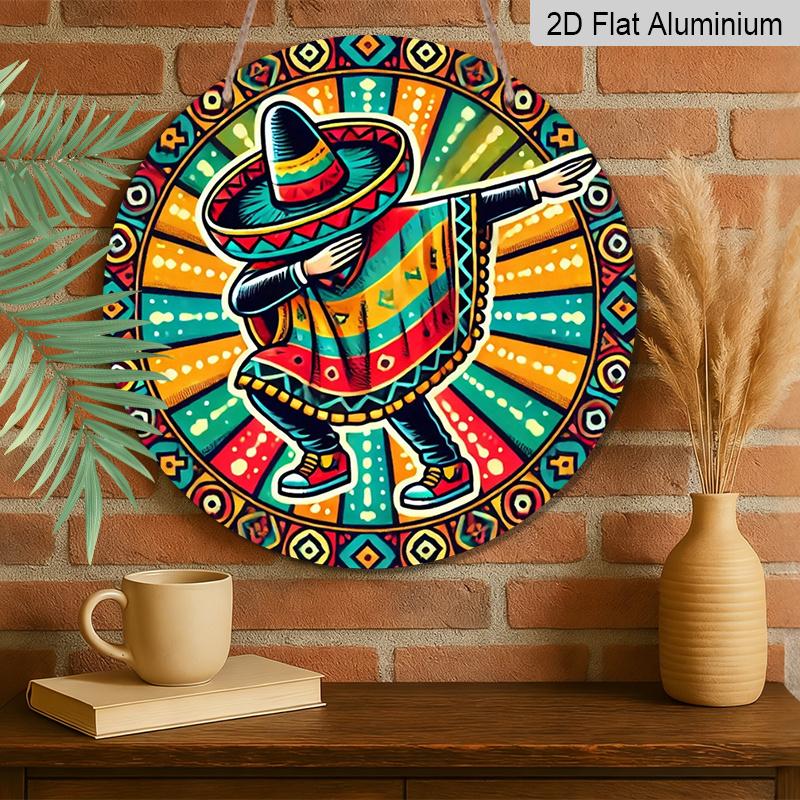 2D Flach, 1 Stück 7,87 Zoll Rundes Aluminiumschild, Mexikanisches Fiesta Sombrero & Maracas Design, Lebendige Kulturelle Metallwandkunst, Einfach Aufzuhängen Innen-/Außenbereich Dekor