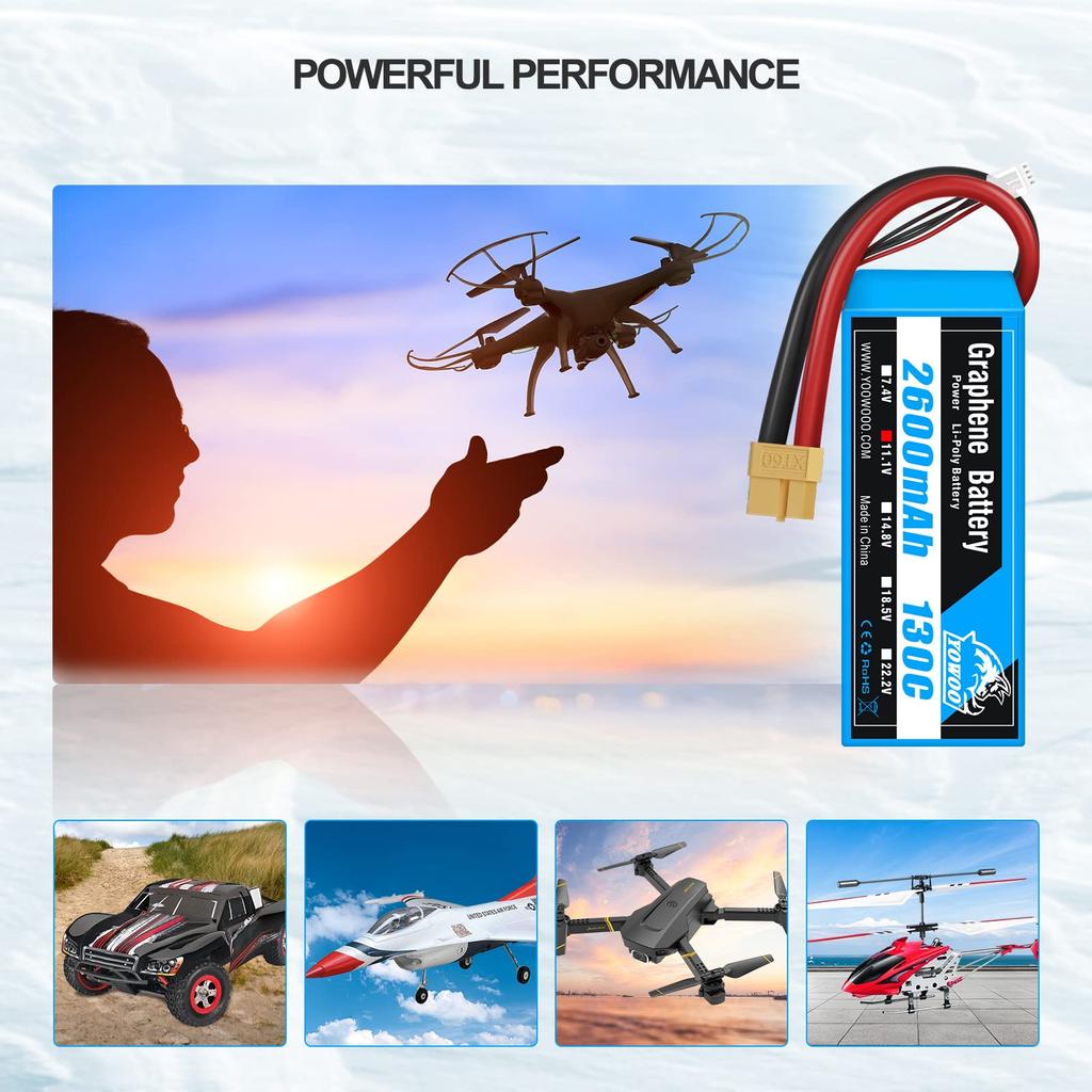Pachet Lipo Yowoo 2 buc 3S 2600mAh 130C 11.1V Graphene LiPo cu mufă XT60 pentru Quadcopter RC, Avion, Mașină, Camion, Barcă, Hobby (4.72 x 1.41 x 0.98
