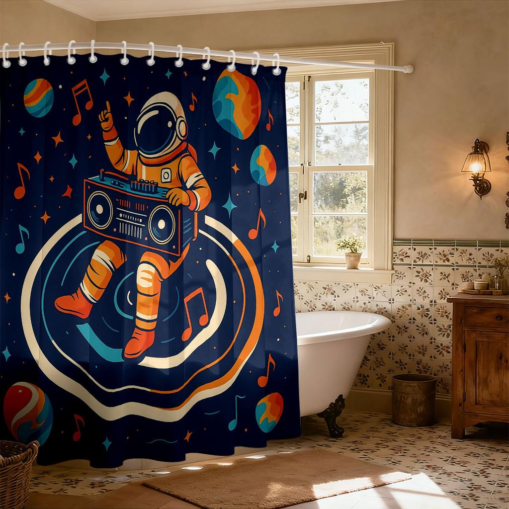 1PC Cartoon Astronaut Boombox Starry Sky Shower Curtain, Waterproof Fabric Bathroom Partition Privacy Hanging Curtain