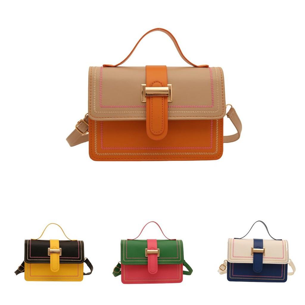 Stylish Pu Color Block Handbag For Women In Yellow Pink Blue And Brown Perfect For Daily Use