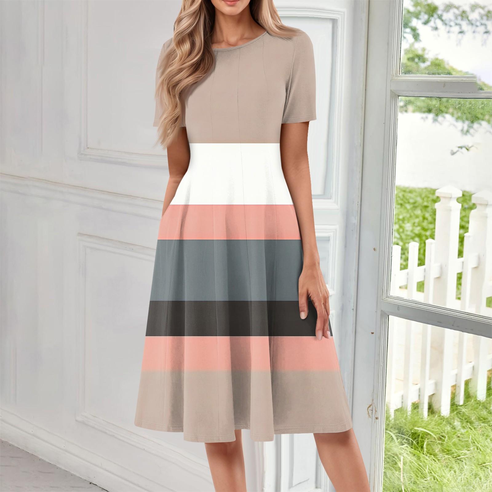 

Женское повседневное модное платье миди с круглым вырезом и коротким рукавом с принтом M хаки